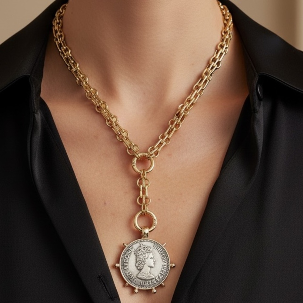 Vintage-inspired Queen Elizabeth II coin Y-lariat necklace Waterproof